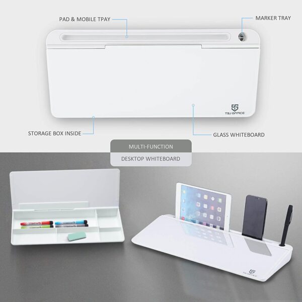 Small Glass Desktop Whiteboard Dry-Erase-Board - Computer Keyboard Stand White Board Surface Pad with Drawer, Desk Organizers with Accessories for Office, Home, School Supplies - Image 2