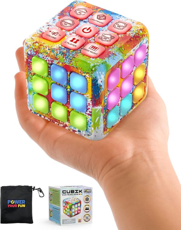 Power Your Fun Cubik LED Flashing Cube Memory Game - Electronic Handheld Game, 5 Brain Memory Games for Kids STEM Sensory Toys Brain Game Puzzle Fidget Light Up Cube Stress Relief Fidget Toy (Tie Dye)