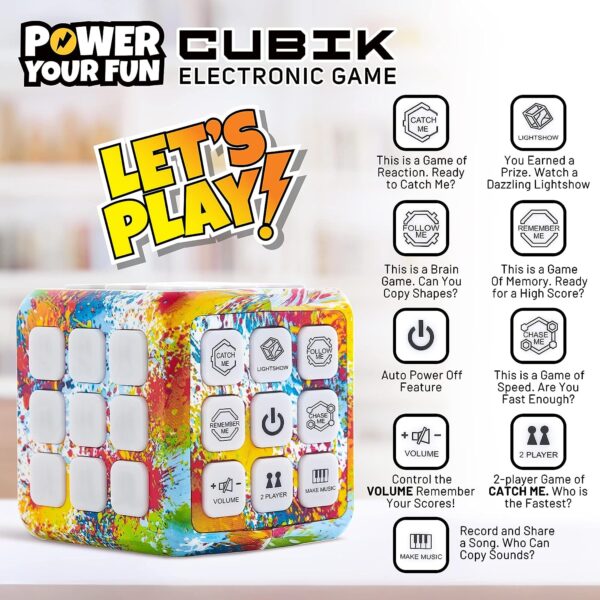 Power Your Fun Cubik LED Flashing Cube Memory Game - Electronic Handheld Game, 5 Brain Memory Games for Kids STEM Sensory Toys Brain Game Puzzle Fidget Light Up Cube Stress Relief Fidget Toy (Tie Dye) - Image 3